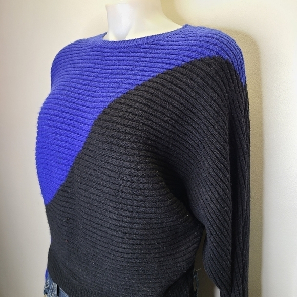 Express Black Cobalt Blue Colorblock Dolman Sleeve Ribbed Chunky Knit Sweater XS - Picture 4 of 12